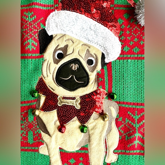 Pug Puppy Dog Christmas Holiday Sweater Crewneck Pullover Green Red Sequins Sz S - Picture 5 of 10